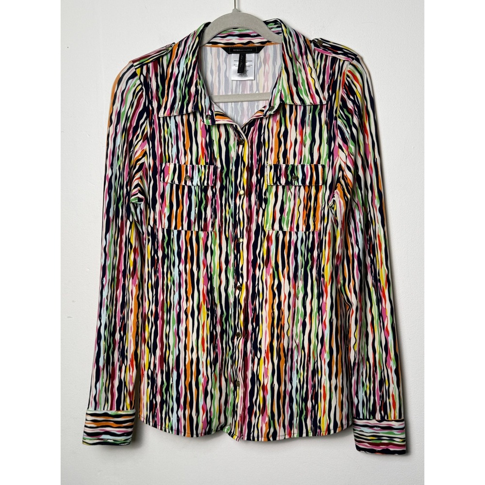 BCBGMAXAZRIA Womens Multicolor Abstract Stripe Button Down Utility Shirt Large
